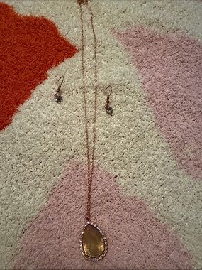 Rose Gold Teardrop Pendant Necklace with Matching Earrings - Pink Stone